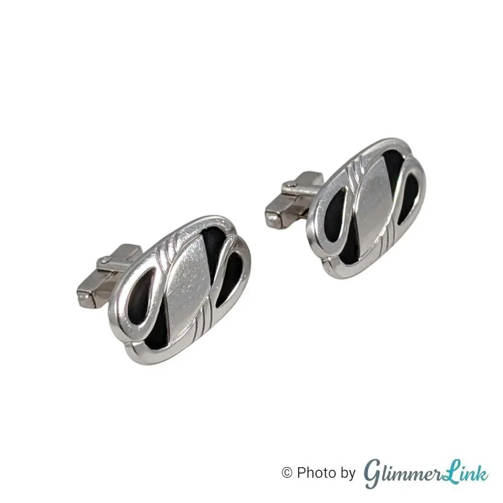 Vintage Anson Oblong Black Enamel Engravable Swirl Silver Tone Cufflinks
